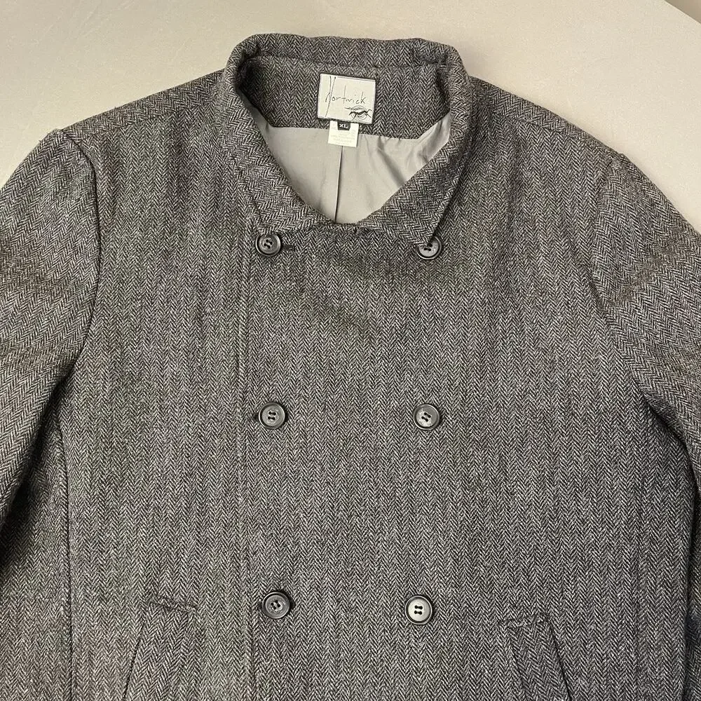 Men's Gray Double Breast Wool Blend Pea Coat Size XL Herringbone Tweed
